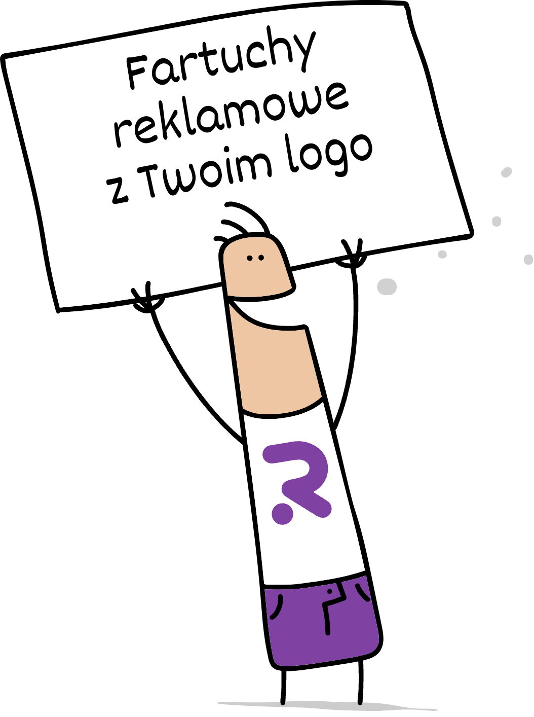 Buddy trzymający napis fartuchy reklamowe z Twoim logo