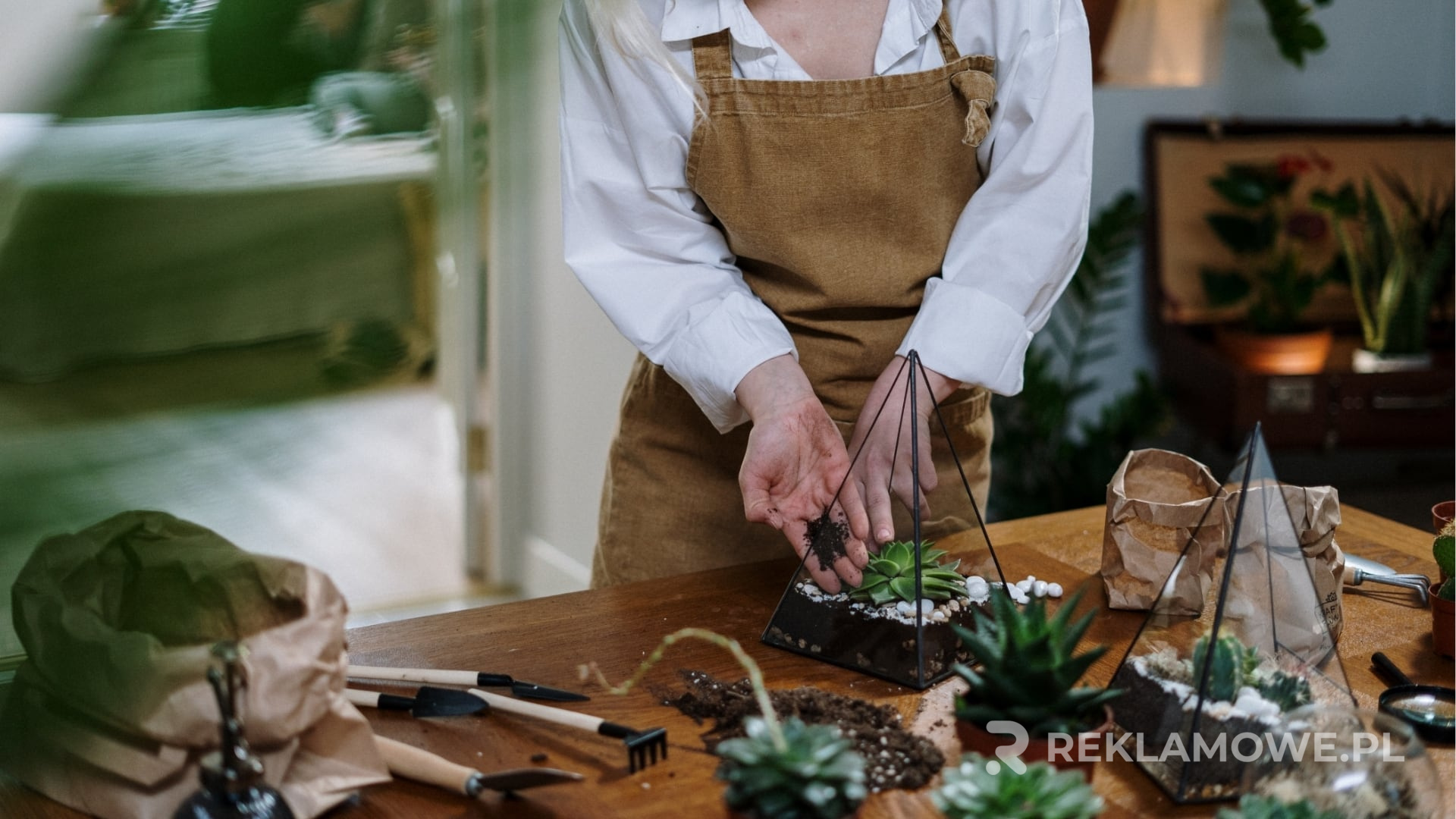 Pracownik w reklamowym fartuchu